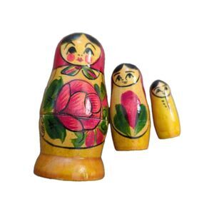Vintage Set Of 3 USSR Hand Painted Wooden Russian Matryoshka Nesting Dolls